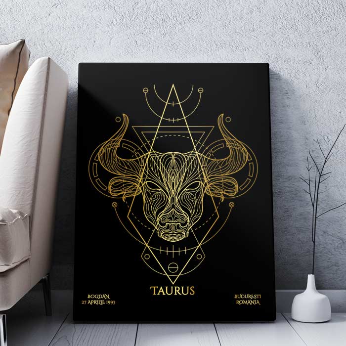 Tablou Zodiac Personalizat cu Zodia Ta - Caracteristici semnului zodiacal: Nume, Data nașterii, Locația Nasterii Acest tablou este un cadou cu adevărat unic, Imprimare mistică cu zodia ta. Doar pe TabloPrint