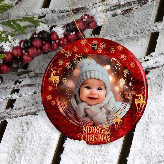 Ornament personalizat din ceramică pentru bebeluș, „Primul Crăciun”, cu fotografie.