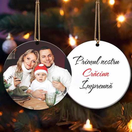 Ornament personalizat cu fotografie de familie pe față și mesaj personalizat pe spate, cadou special de Crăciun sau pentru casă nouă